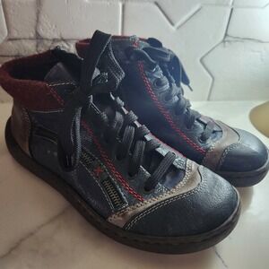 Rieker Antistress Navy Blue Leather Ankle Boots Red Stitching Wool Collar 40